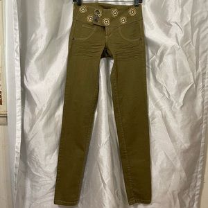 y2k Ultra Low Rise Green & Gold Rhinestone Embroidered Skinny Jeans